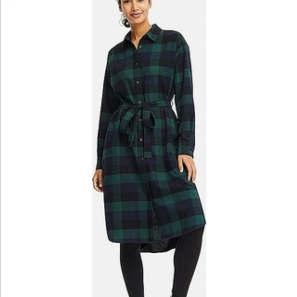 Uniqlo Blue Plaid Flannel Shirt Dress